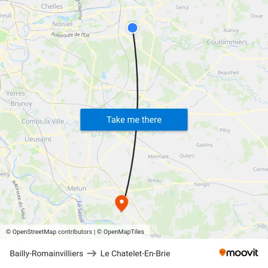 Bailly-Romainvilliers to Le Chatelet-En-Brie map