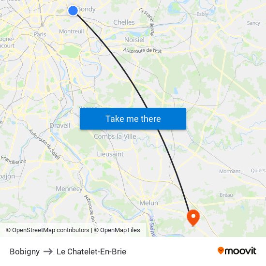 Bobigny to Le Chatelet-En-Brie map