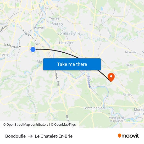 Bondoufle to Le Chatelet-En-Brie map