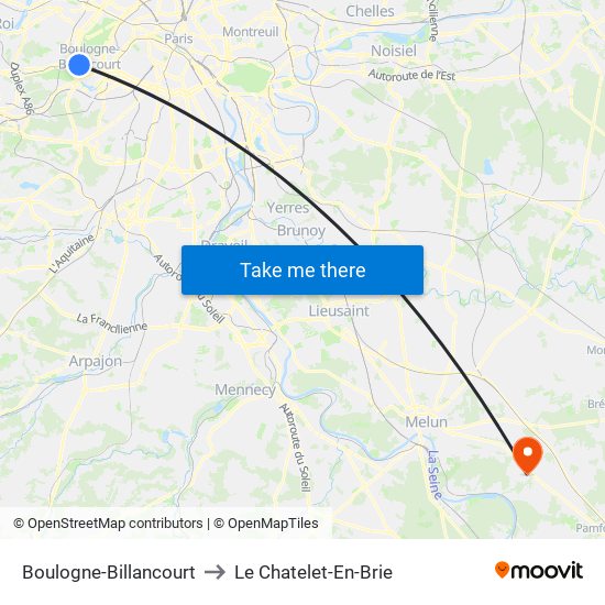 Boulogne-Billancourt to Le Chatelet-En-Brie map