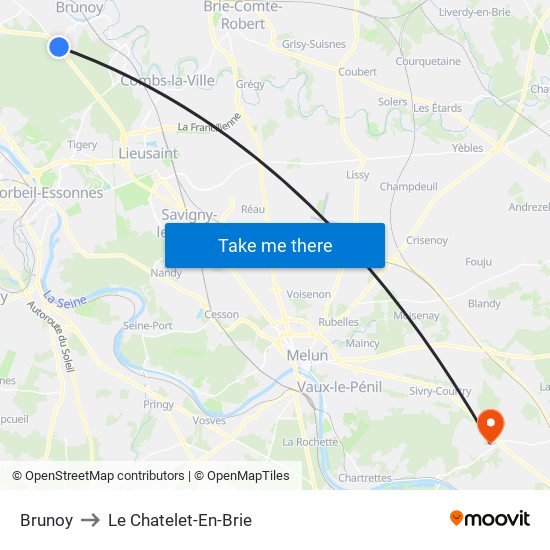 Brunoy to Le Chatelet-En-Brie map
