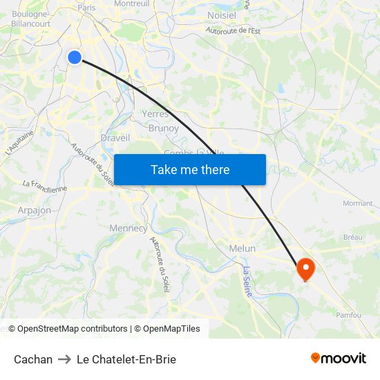 Cachan to Le Chatelet-En-Brie map