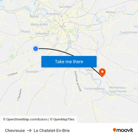 Chevreuse to Le Chatelet-En-Brie map