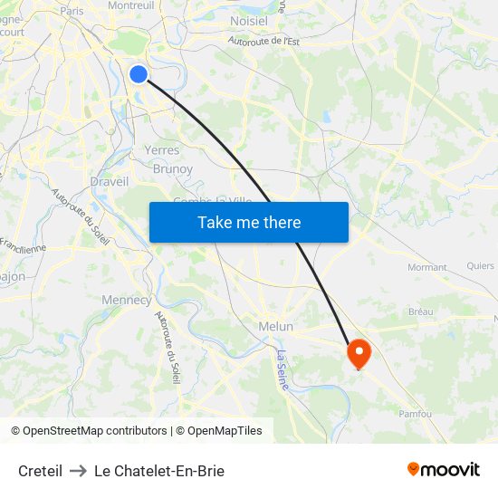 Creteil to Le Chatelet-En-Brie map