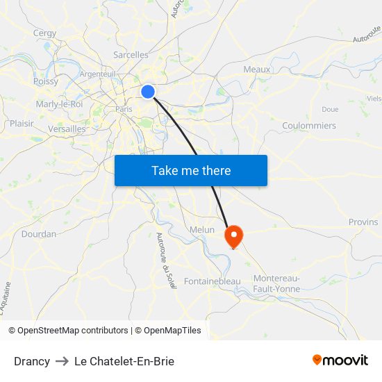 Drancy to Le Chatelet-En-Brie map