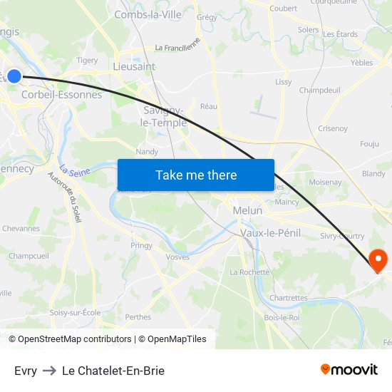Evry to Le Chatelet-En-Brie map