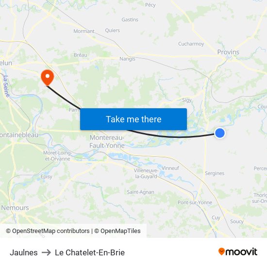 Jaulnes to Le Chatelet-En-Brie map