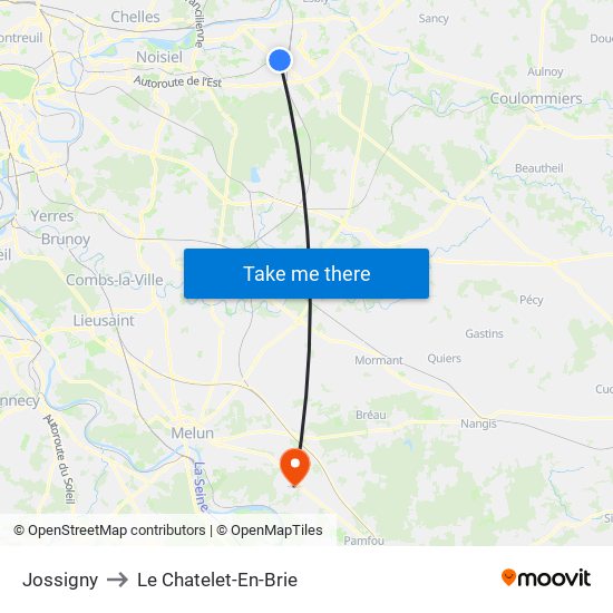 Jossigny to Le Chatelet-En-Brie map