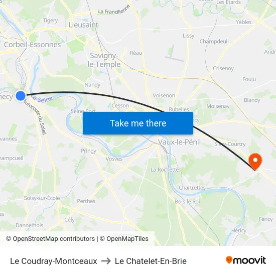 Le Coudray-Montceaux to Le Chatelet-En-Brie map