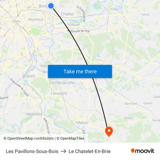 Les Pavillons-Sous-Bois to Le Chatelet-En-Brie map