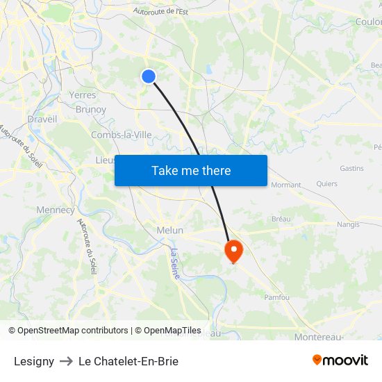 Lesigny to Le Chatelet-En-Brie map