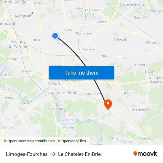 Limoges-Fourches to Le Chatelet-En-Brie map