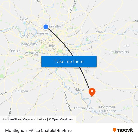 Montlignon to Le Chatelet-En-Brie map