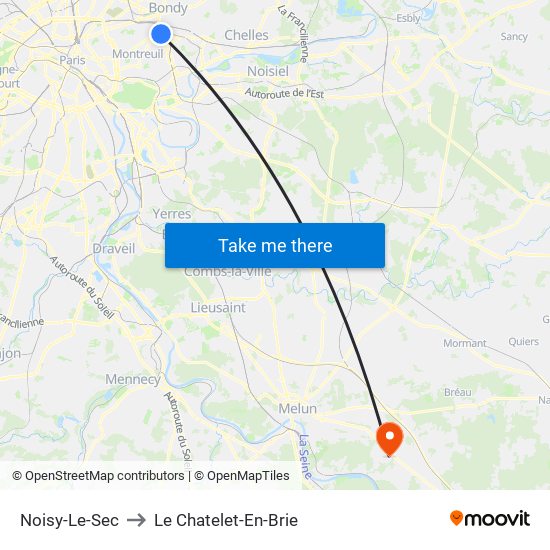 Noisy-Le-Sec to Le Chatelet-En-Brie map