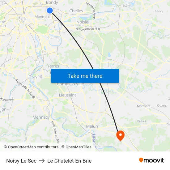 Noisy-Le-Sec to Le Chatelet-En-Brie map