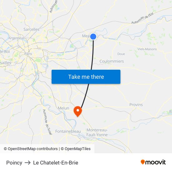 Poincy to Le Chatelet-En-Brie map