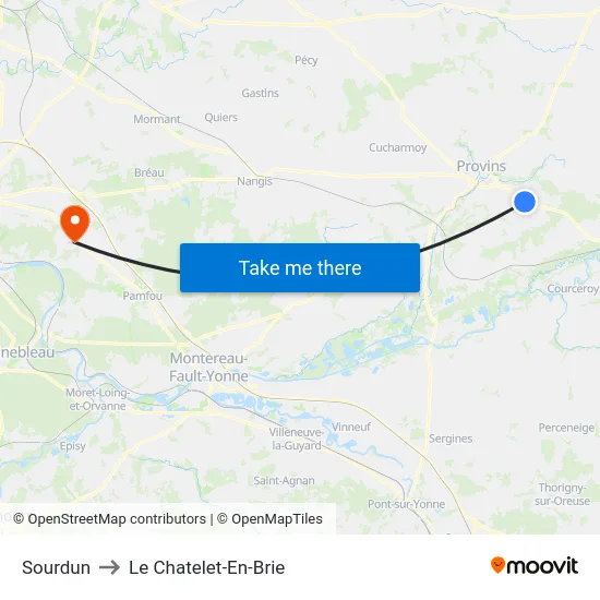 Sourdun to Le Chatelet-En-Brie map