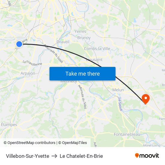 Villebon-Sur-Yvette to Le Chatelet-En-Brie map
