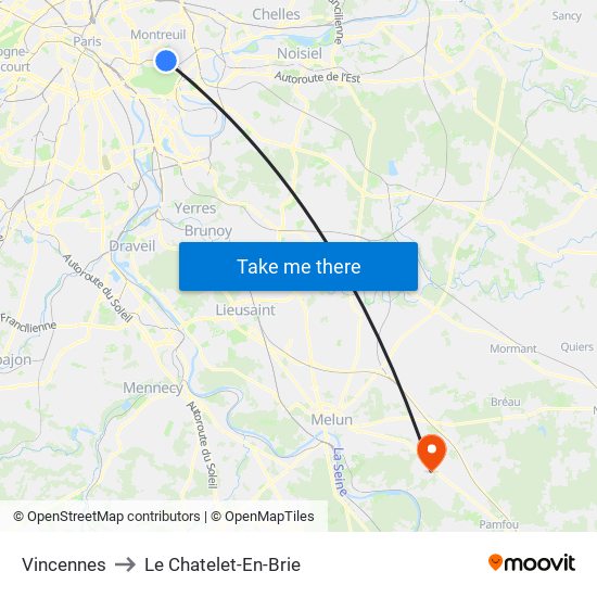 Vincennes to Le Chatelet-En-Brie map