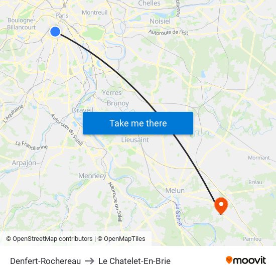 Denfert-Rochereau to Le Chatelet-En-Brie map