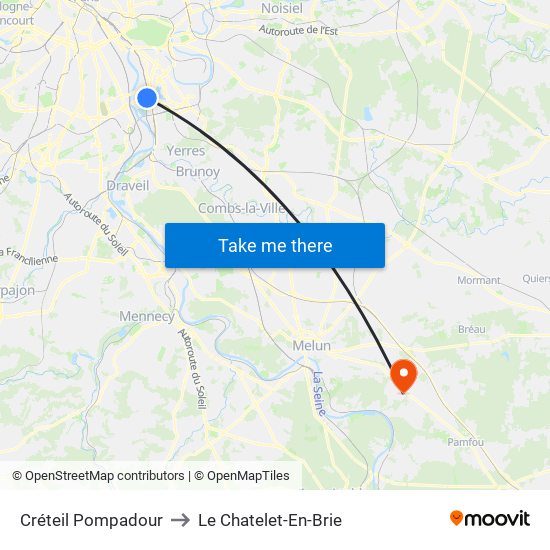 Créteil Pompadour to Le Chatelet-En-Brie map