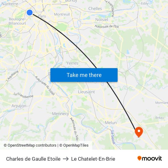 Charles de Gaulle Etoile to Le Chatelet-En-Brie map