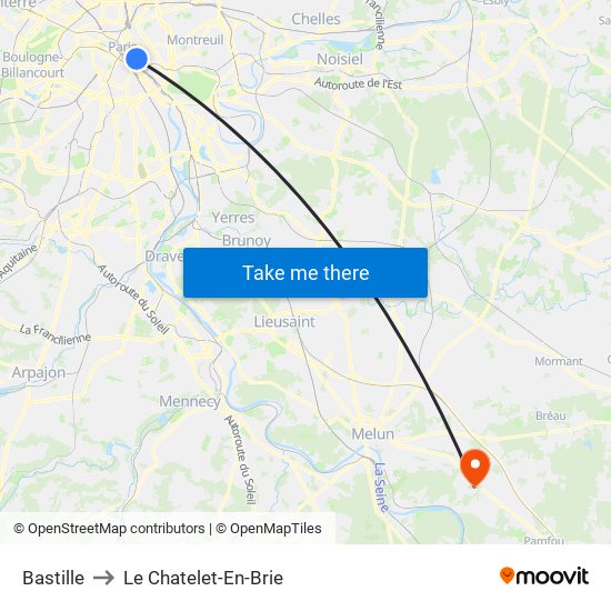 Bastille to Le Chatelet-En-Brie map
