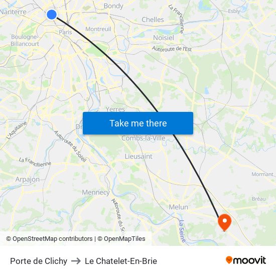 Porte de Clichy to Le Chatelet-En-Brie map