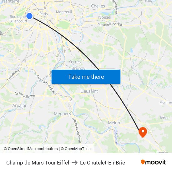 Champ de Mars Tour Eiffel to Le Chatelet-En-Brie map