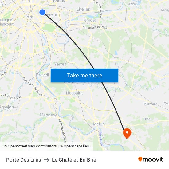 Porte Des Lilas to Le Chatelet-En-Brie map