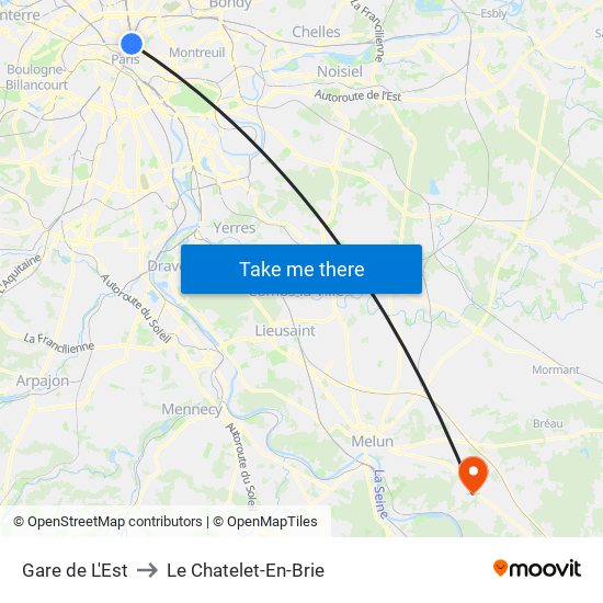 Gare de L'Est to Le Chatelet-En-Brie map