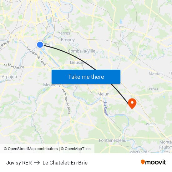 Juvisy RER to Le Chatelet-En-Brie map