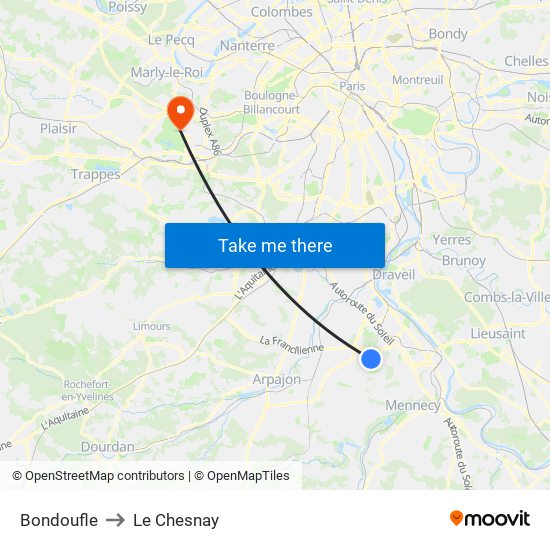 Bondoufle to Le Chesnay map