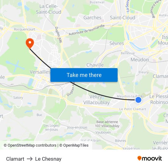 Clamart to Le Chesnay map