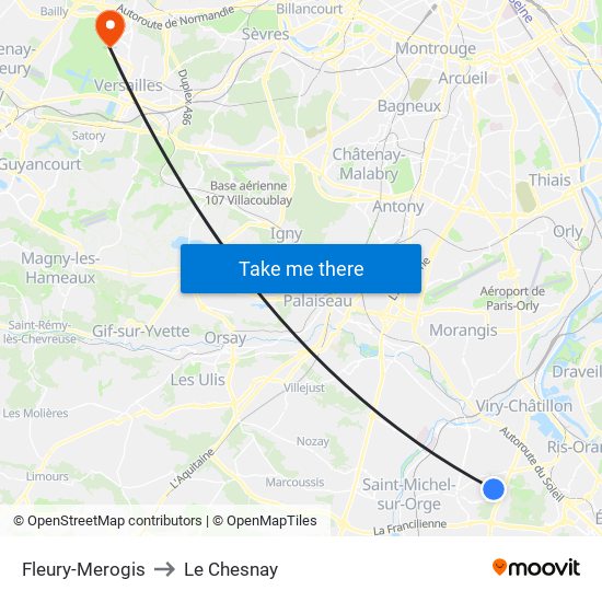 Fleury-Merogis to Le Chesnay map