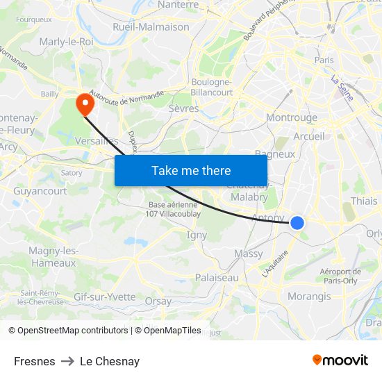 Fresnes to Le Chesnay map