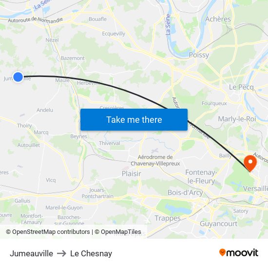 Jumeauville to Le Chesnay map