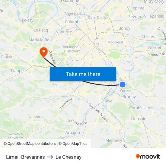 Limeil-Brevannes to Le Chesnay map