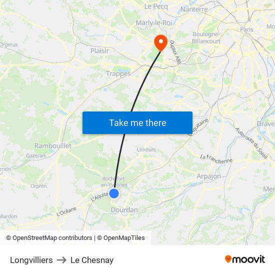 Longvilliers to Le Chesnay map