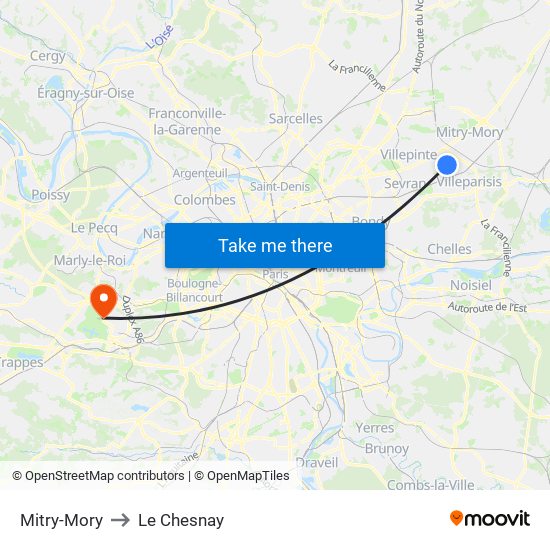 Mitry-Mory to Le Chesnay map