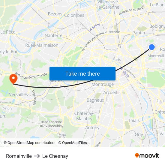 Romainville to Le Chesnay map