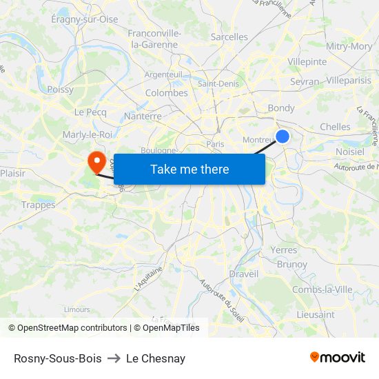 Rosny-Sous-Bois to Le Chesnay map
