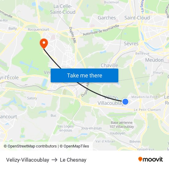Velizy-Villacoublay to Le Chesnay map