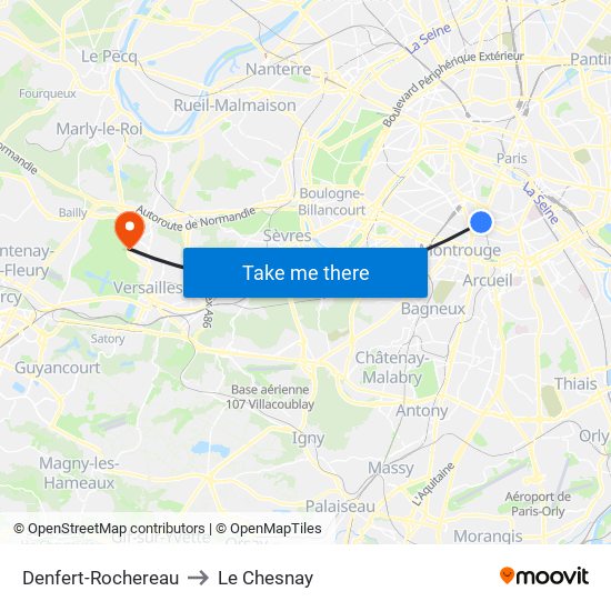 Denfert-Rochereau to Le Chesnay map