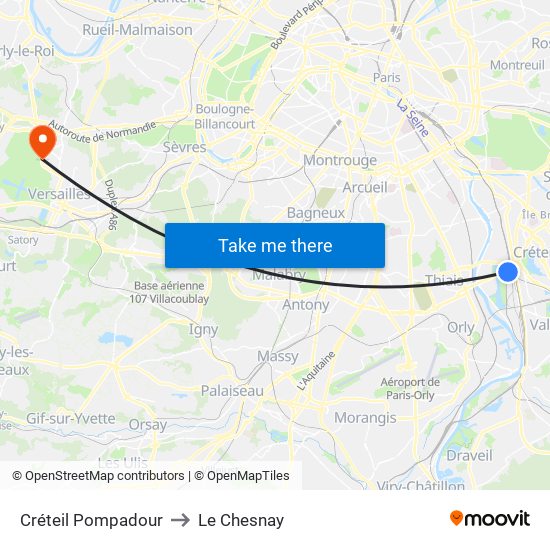 Créteil Pompadour to Le Chesnay map