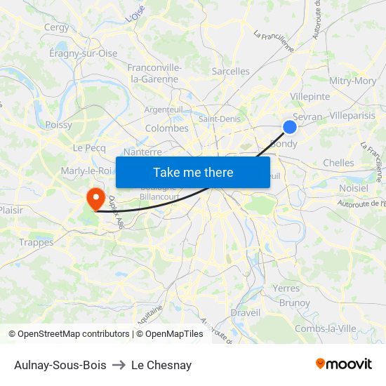 Aulnay-Sous-Bois to Le Chesnay map