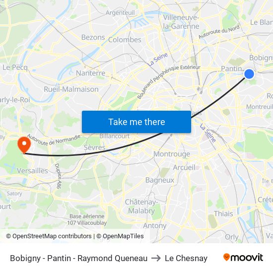 Bobigny - Pantin - Raymond Queneau to Le Chesnay map