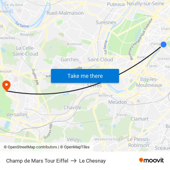 Champ de Mars Tour Eiffel to Le Chesnay map