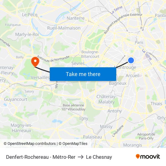 Denfert-Rochereau - Métro-Rer to Le Chesnay map