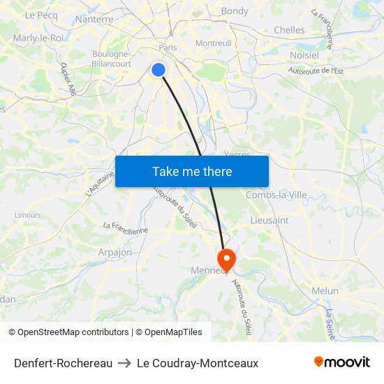 Denfert-Rochereau to Le Coudray-Montceaux map